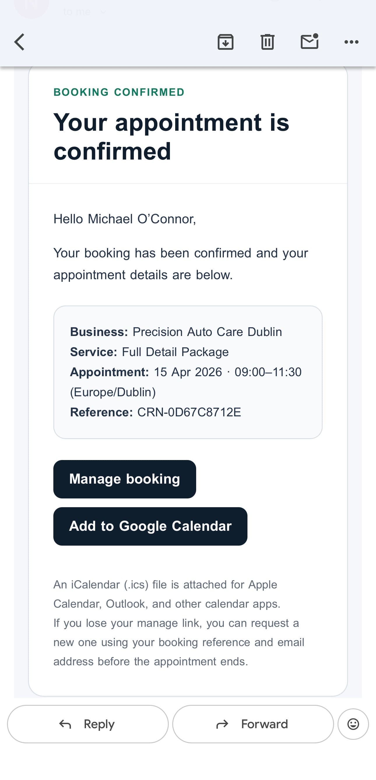 Booking confirmation email